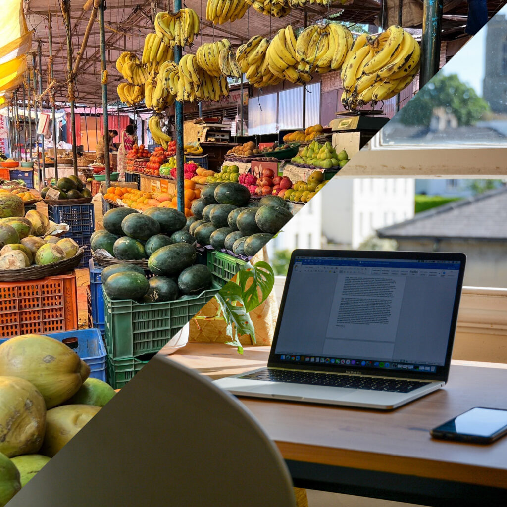 Split image showing vibrant outdoor fruit market contrasted with home office desk and laptop, symbolizing remote work versus on-site lifestyle.