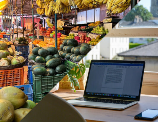 Split image showing vibrant outdoor fruit market contrasted with home office desk and laptop, symbolizing remote work versus on-site lifestyle.
