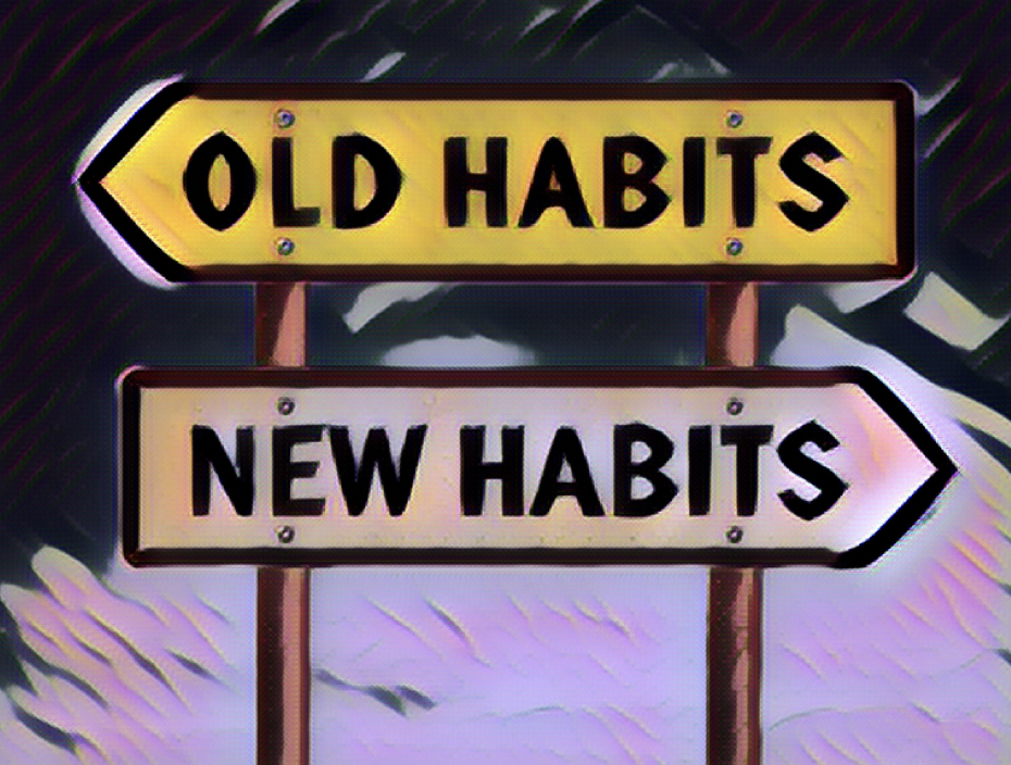Directional road signs pointing to old habits and new habits, symbolizing change, personal growth, and behavior transformation.