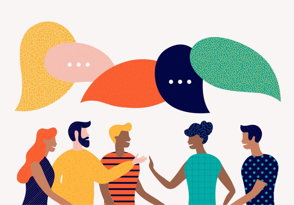 Illustration of diverse group discussing ideas with colorful speech bubbles, representing teamwork, collaboration, and open communication.