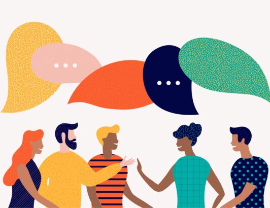 Illustration of diverse group discussing ideas with colorful speech bubbles, representing teamwork, collaboration, and open communication.