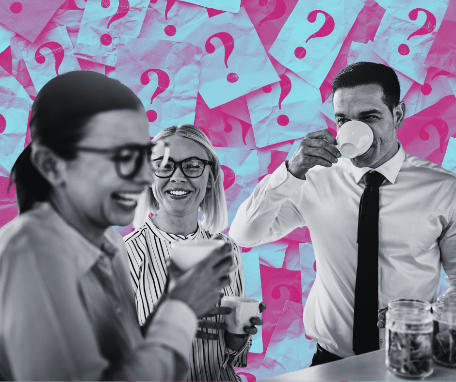 Coworkers laughing and drinking coffee during an office break with colourful question mark background.