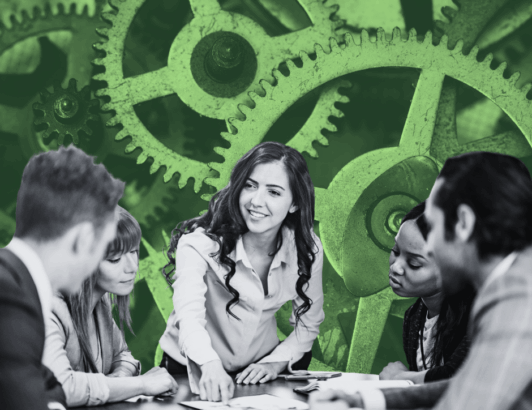 Business team collaborating in meeting with green gears background symbolizing teamwork and strategy.