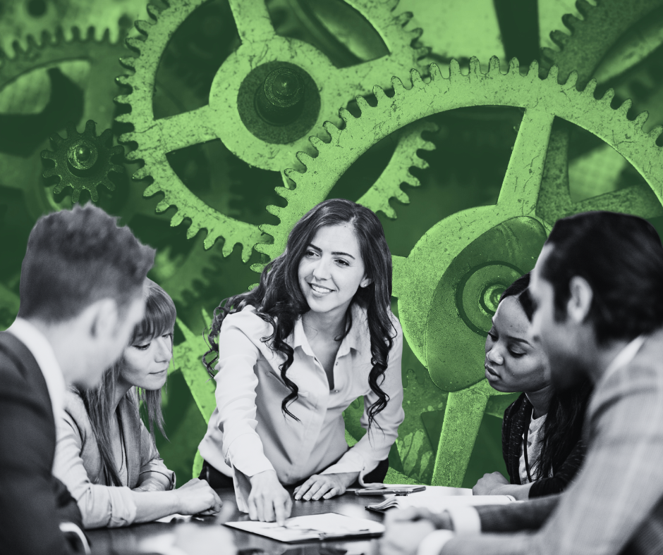 Business team collaborating in meeting with green gears background symbolizing teamwork and strategy.