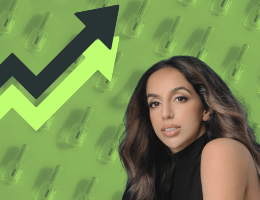 Woman in black top against green background with upward arrow growth graphic symbolizing business and marketing success.