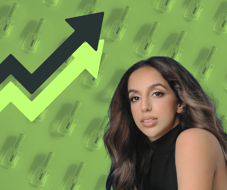 Woman in black top against green background with upward arrow growth graphic symbolizing business and marketing success.