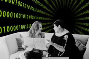 Two women sitting on a couch having a conversation. AI looking background. They are also working with laptops.