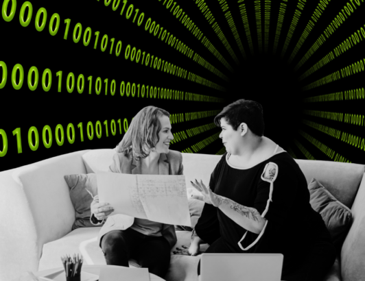 Two women sitting on a couch having a conversation. AI looking background. They are also working with laptops.